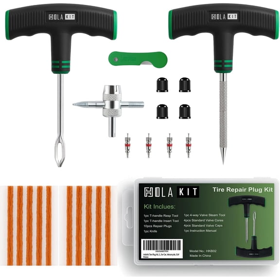 Tire Plug Kit, 22PCS Compact Repair Kit with Rubber Plugs, Upgrade T-Handle, 4-Way Valve Steam Tool, Flat Puncture Tools for Cars, Motorcycle, ATV, SUV