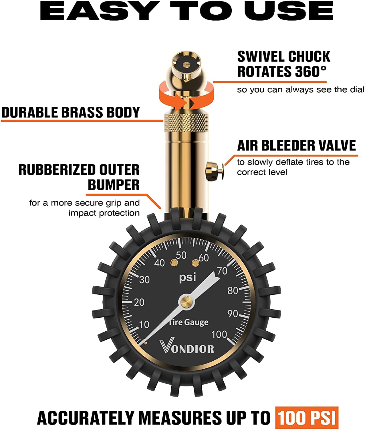 Tire Pressure Gauge (0-100 PSI) Heavy Duty, Certified ANSI Accurate with  Large inch Easy to Read Glow Dial, Low High Air Pressure Gauge. Tire  Gauge for Car and Trucks