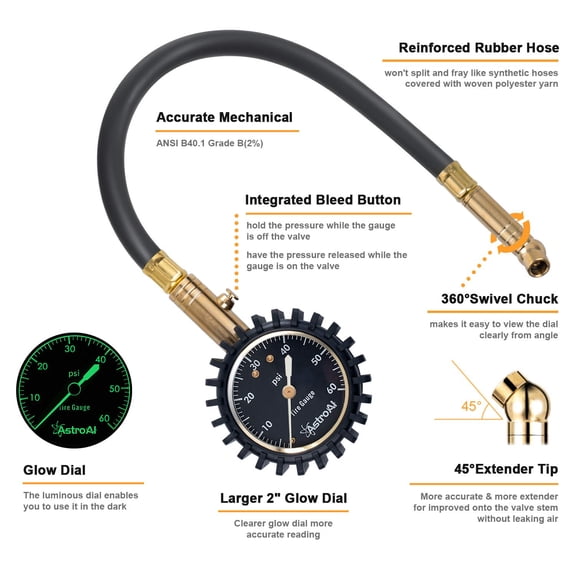 Tire Pressure Gauge for Cars with Large 2" Dial, Solid Brass Rubber Hose, Air Bleeder Valve, ANSI B40.1, 0-60PSI