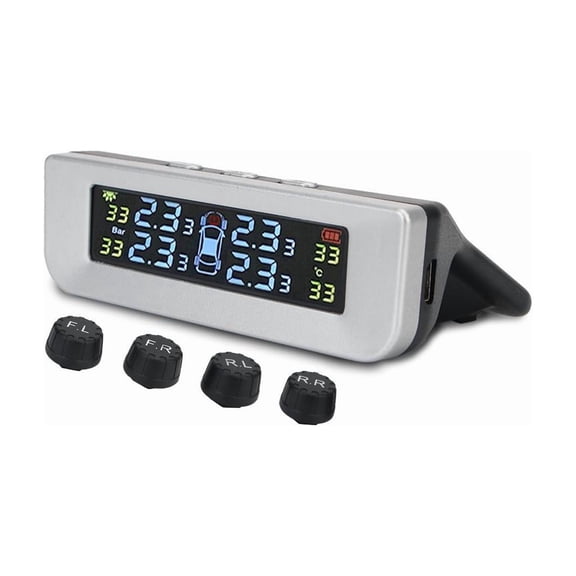 Tire Pressure Monitoring Alarm System TPMS Solar Device Solar Charge, Large Colorful Screen, Simple Installation and Setup with 4 External Sensors