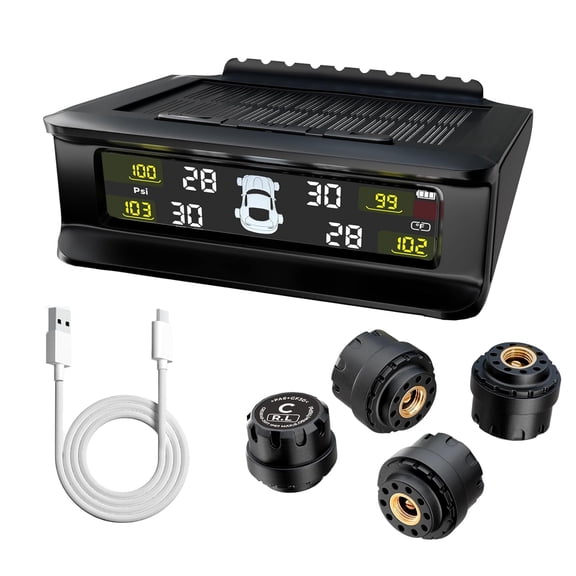 Tire Pressure Monitoring System with 4 Sensors, Solar & USB-C Charging TPMS, 6 Safety Alarms, HD Display Tire Pressure Monitor with auto-Backlight, (0-87 Psi) Range, TPMS for Sedan & SUV
