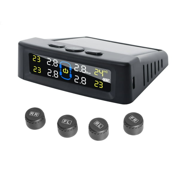 Tire Pressure Monitoring System Kit TPMS Solar Power with 4 External Sensors LCD Display Pressure Temperature Alerts