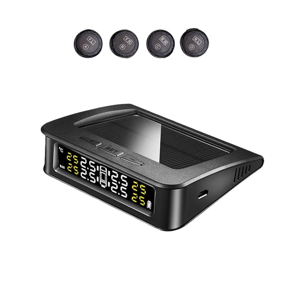 Tire Pressure Monitoring System For RV Car Truck SUV, Air Pressure Alarm With 4 Sensors And Alarm Modes, Tire Pressure Gauge With Solar And USB Charger-black-English broadcast