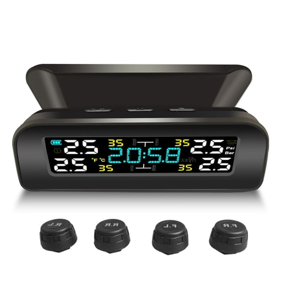 Tire Pressure Monitoring System with Solar & USB Charging - Real-Time LCD Display for 4 Tires - Wireless TPMS with Smart Alarm & Anti-Lost Nuts - Universal Fit for Cars