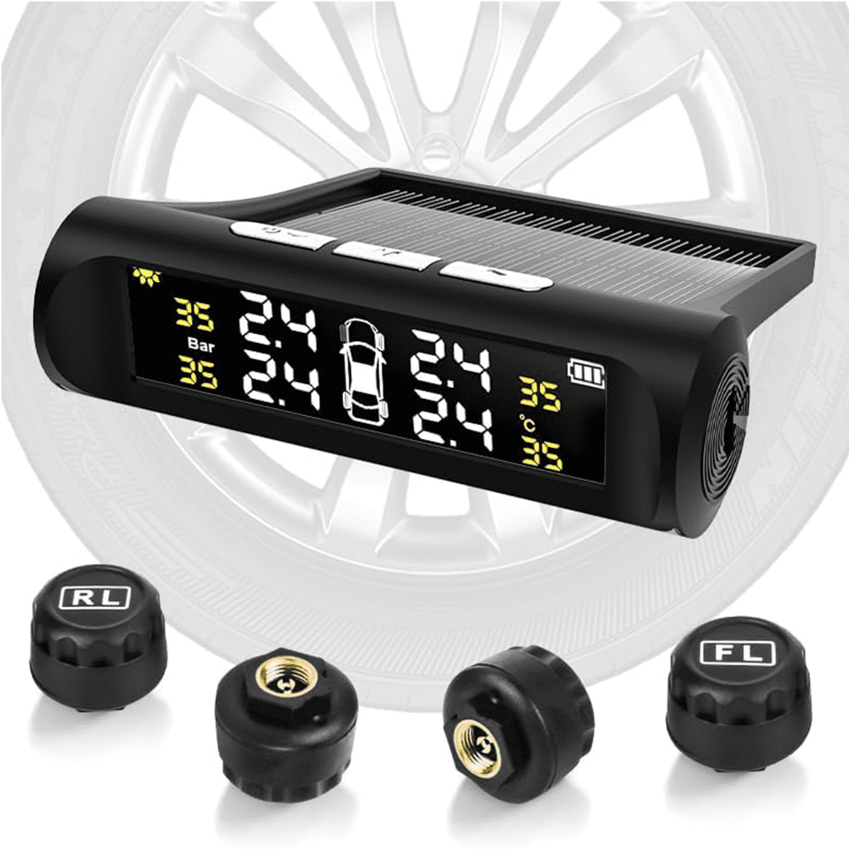 Tire Pressure Monitoring System TPMS for RV and Trailer Solar Powered TPMS with LCD Display 4 Sensors Real-Time Pressure and Temperature Monitoring Easy to Use 0~87 PSI