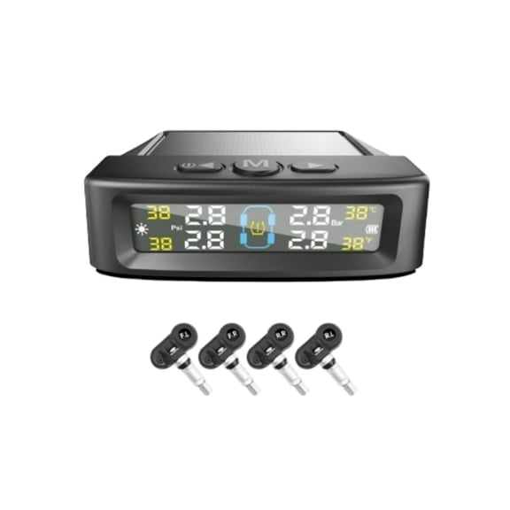 Tire Pressure Monitoring System - TPMS with Solar and USB Charger, 4 Tire Sensors and 6 Alarm Modes, Auto on/Off and Voice Prompt, for RV, Sedan, SUV, MPV, etc