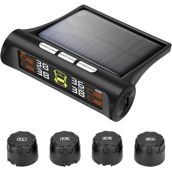 Tire Pressure Monitoring System - TPMS Tire Pressure Monitor System with Solar Charger, TPMS with 4 External sensors & 5 Alarm Modes, LCD Real-time Display, Auto Sleep Mode, Easy to Install(Orange)