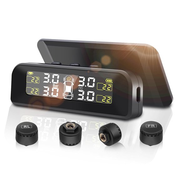 Tire Pressure Monitoring System, Tire Pressure Monitor Installed on Windowshield, Solar Powered TPMS with 4 External Sensors, Real-time Display Tire Pressure Temperature, TPMS for Car Sedan RV SUV