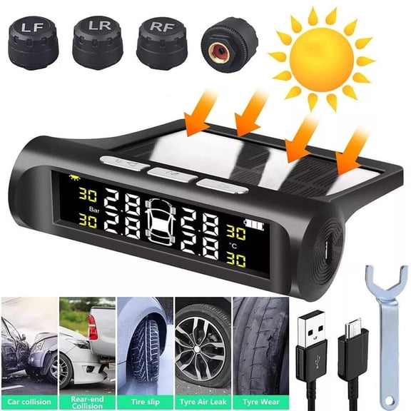 Tire Pressure Monitoring System, Wireless Solar TPMS with 4 External Sensors & 6 Alarm Modes, Colorful Display