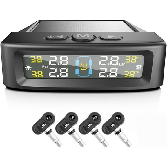 RV Tire Pressure Monitoring System, Tire Pressure Monitor with Solar Charge ,LCD Display, Auto Sleep Mode for Trailer Truck Off Road Pickup(4 Sensors,Built In Voice Version)