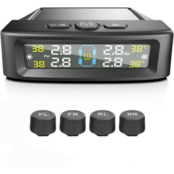 RV Tire Pressure Monitoring System, Tire Pressure Monitor with Solar Charge ,LCD Display, Auto Sleep Mode for Trailer Truck Off Road Pickup(4 Sensors,External Voice Version)