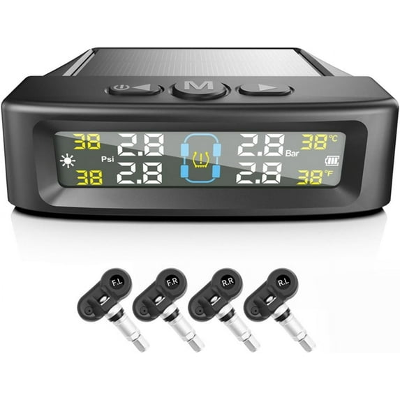 RV Tire Pressure Monitoring System, Tire Pressure Monitor with Solar Charge ,LCD Display, Auto Sleep Mode for Trailer Truck Off Road Pickup(4 Sensors,Built In Voice Version)