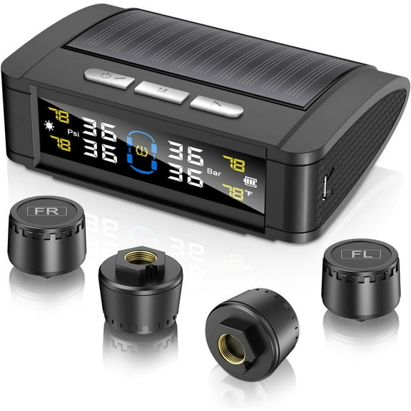 Tire Pressure Monitoring System (w/Language Alarm Modes),Tire Pressure Monitor System with Solar Charge,Trailer TPMS with 4 Sensors,Tire Temperature Detector w/Color LCD Display,for Sedan SUV RV
