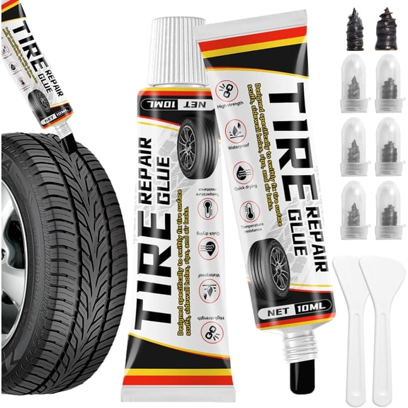 Tire Repair Glue Kit  2 Pack 10ml Rubber Cement Repair, Plug with 8 Nails (Small & Large), Patch for Car, Motorcycle, Bike, Truck, Tractor, Scraper Tools