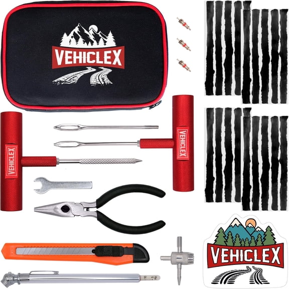 Tire Repair Kit for Plug and Patch with Aluminum Handled Tools - Emergency Pliers in Zippered Bag Car, Motorcycle, ATV, Tractor, Lawn Mower