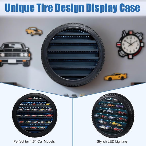 Tire-Shaped Display Case for Hotwheels, 1/64 Scale Wooden Car Display Shelf with LED Light, Wall Mount or Tabletop Model Car Organizer, Toy Car Storage for Collectibles (Batteries Not Included)