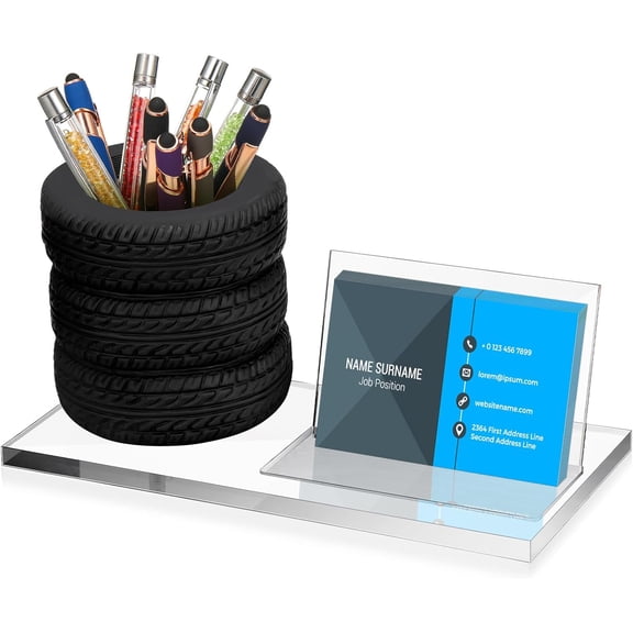 Tire Shaped Pen Holder Arylic Tire Business Card Holder Tire Shape Stationery Set Automotive Business Card and Pen Holder Business Office Desk Organizer for Men Mechanics Gifts Car Lover(Clear)