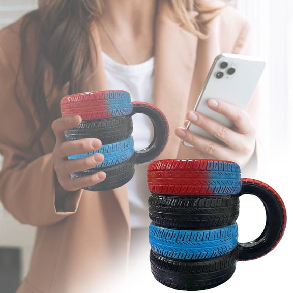 Tire-Shaped Stainless Steel Travel Mug (300ml) – Insulated, Leak-Proof Coffee Cup with Handle & Spoon. Novelty Gift for Motorcycle Riders, Mechanics & Engineers