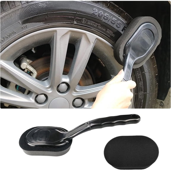 Tire Shine Applicator Brush, High-Density Sponge Tire Dressing Applicator Pad with Long Handle, Multipurpose Curved Auto Tire Detailing Tool,  Cleaning Waxing Accessory