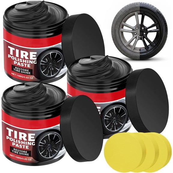 Tire Shine Polishing Paste With Sponge, Long Lasting Wet Look Rubber Restorer Cream For Car Truck SUV Motorcycle RV Tires, UV Protection Gloss (3Pcs)