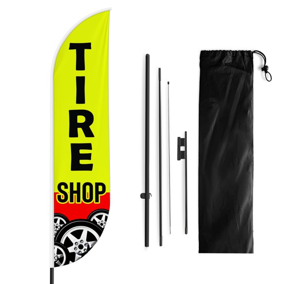 Tire Shop Sign feather flag Pole kit for Outdoor by Mavis Printing | 15 FEET Long Polyester Outdoor Banner Flag Pole Mount Easy Hang | HD Print Swooper Flags to Advertise Car Business