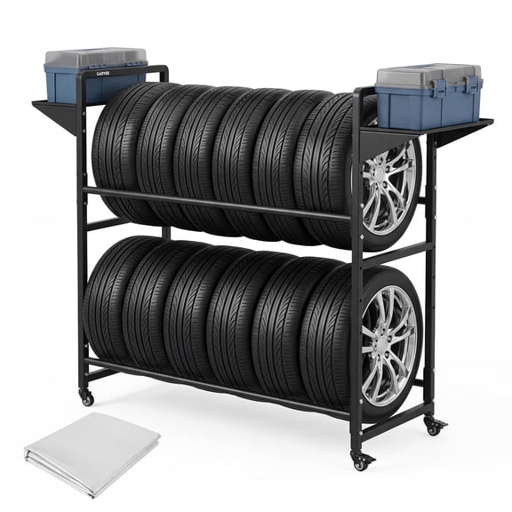 Tire Storage Rack Adjustable Rolling with Anti-Dust Cover, 57" x 18" x 55", Black, 4 Swivel Casters & 2 Storage Shelves for Garage Organization