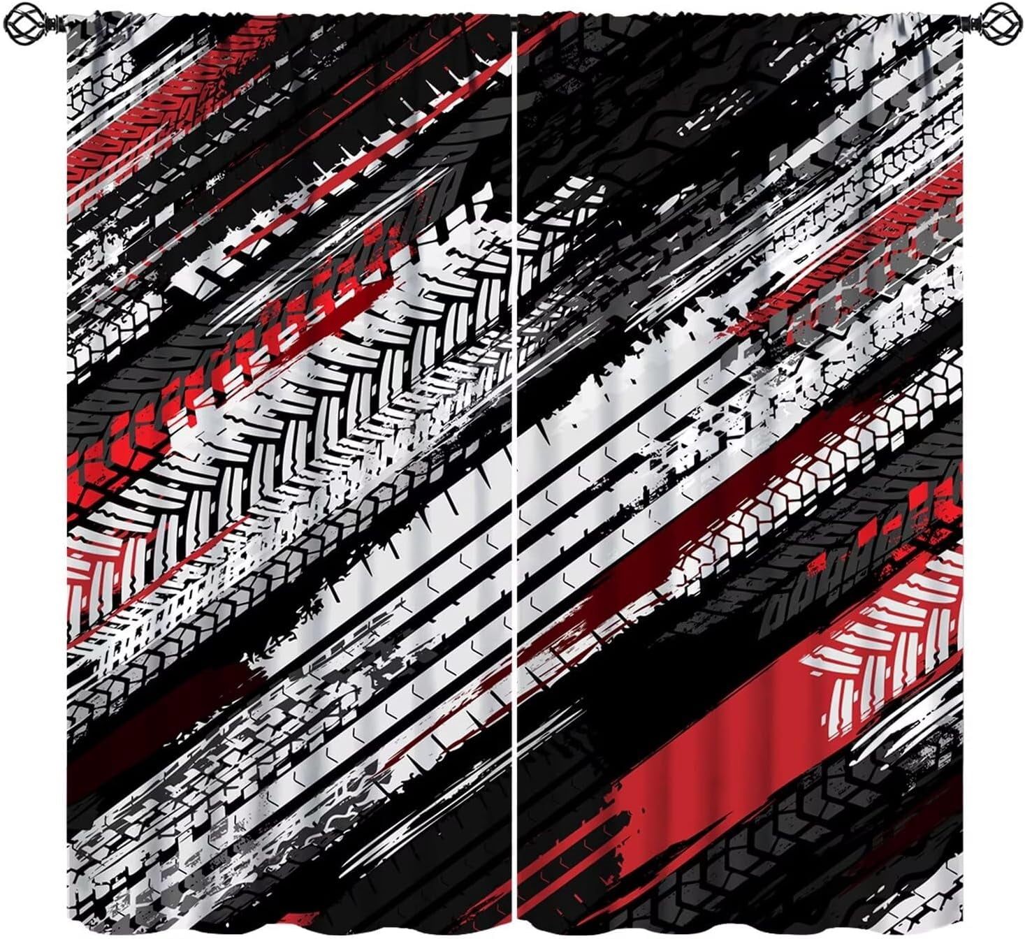 Tire Tracks Blackout Curtains Abstract Motocross Dirt Bike Tire Marks Red White Black Art Print for Boys Bedroom Bathroom Decor Rod Pocket Window Drapes 2 Panels 52x84in