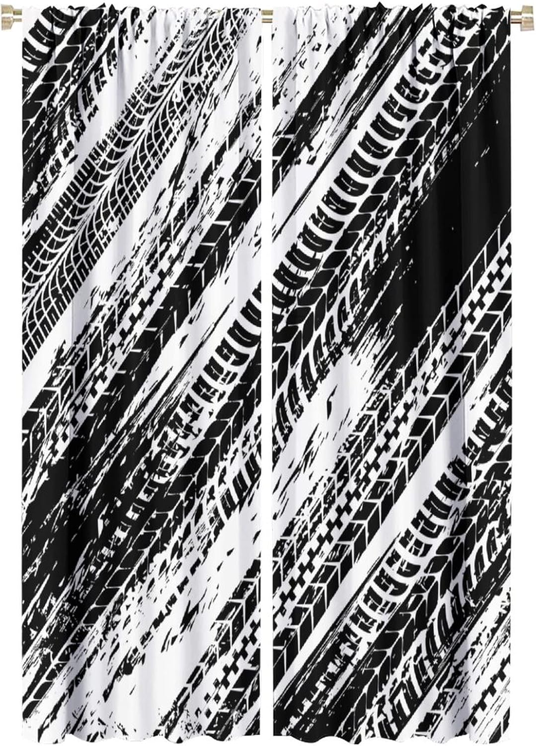 Tire Tracks Curtains Abstract Dirt Bike Tire Marks Black White Art Print for Boys Bedroom Bathroom Decor Rod Pocket Blackout Window Drapes 2 Panels 42x63in