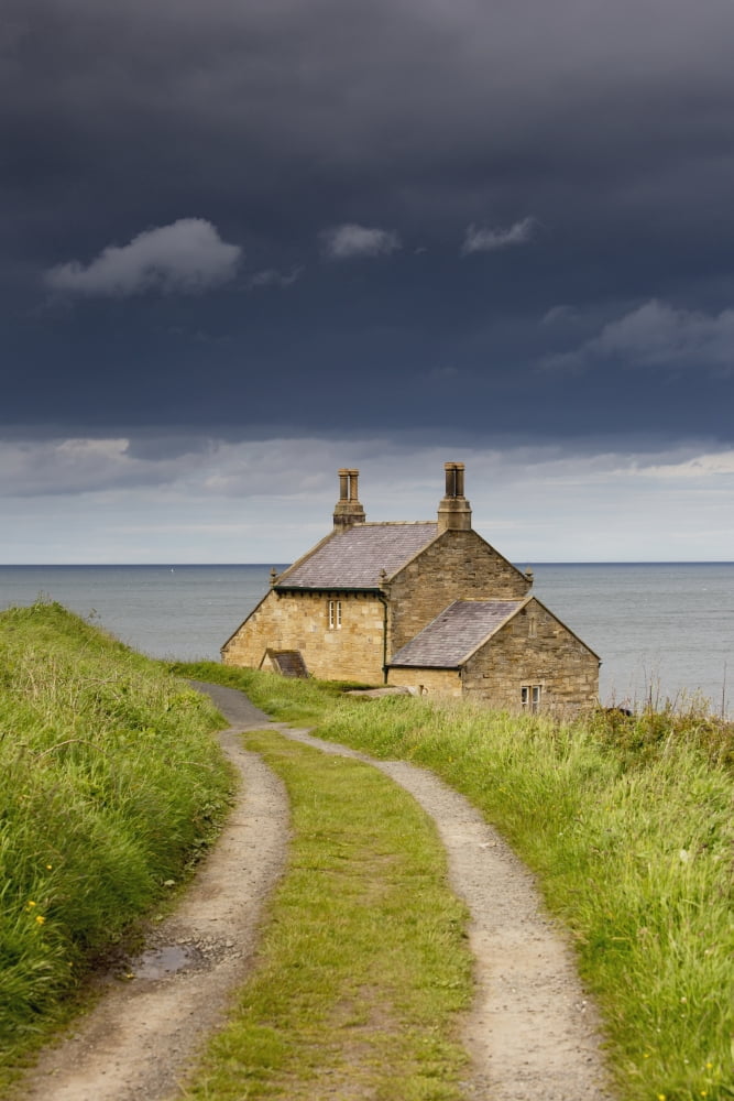 Tire Tracks Worn Through The Grass Leading To A House On The Waters Edge Northumberland England Canvas Art - John Short Design Pics (24 x 38)