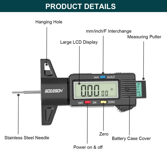 Tire Tread Depth Gauge, Digital Gauge with 3 Modes-Fractional Inch, Decimal Inch and Millimeter, for Motorcycles, Cars, SUV, Easy to Read