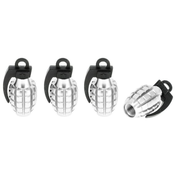 Unique Bargains 4 Pcs Tire Valve Stem Caps Decorative Grenade Shape Tyre Valve Dust Covers Aluminum Alloy Plastic Silver Tone 36.5mm