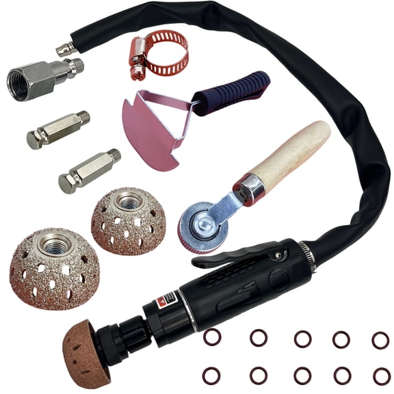 Tire polishing and repair tool kit, including a 2500 rpm low-speed tire polisher, tire inner liner scraper, repair roller, and tungsten carbide polishing wheel, black.