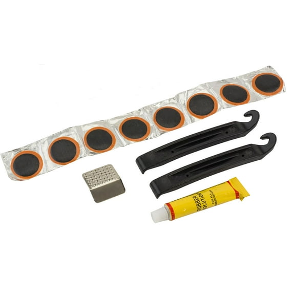 Tire repair kit with 8 Patches, Tire Levers, Glue, and a Scuffer for Bicycle Tires