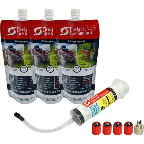 TireJect Lawn Mower Off-Road Tire Sealant - Flat Tire Protection Kit with Sealant Injector - 5-in-1 Tire Repair & Prevent Flat Tires caused by bead leaks, punctures, minor dry rot - Extend Tire Life