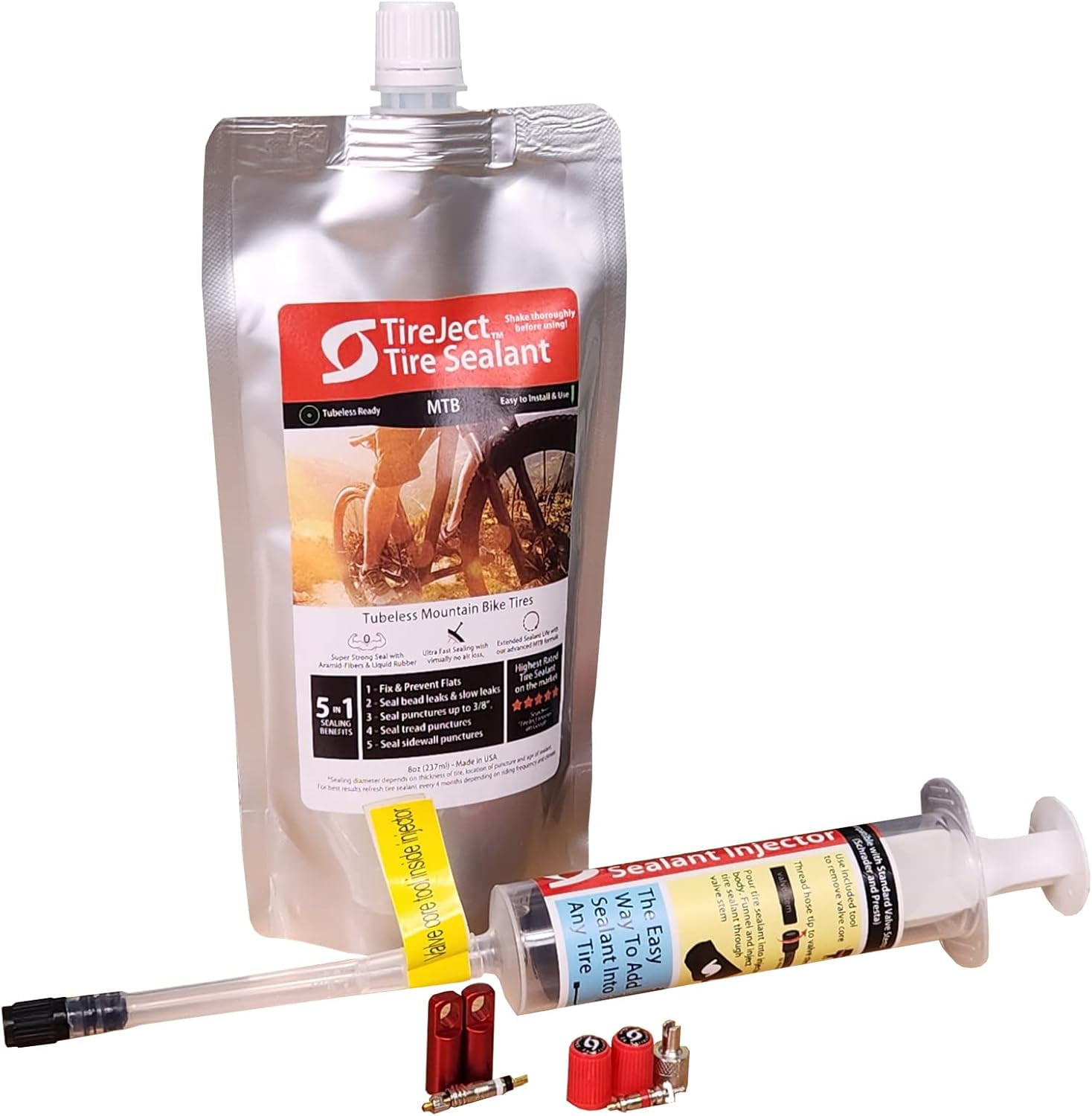 TireJect Mountain Bike (MTB) Tire Sealant Kit - Tubeless & Tubeless Ready Flat Tire Protection