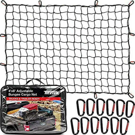TireTek Cargo Net for Pickup Truck Bed- 4' x 6' Stretches to 8' x 12'- Heavy Duty Small 4”x4” Latex Bungee Net Mesh with 12 Metal Carabiners - Compatible with Ford, Dodge RAM, Chevy, Toyota
