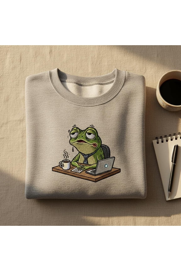 Tired Frog Embroidered Sweatshirt, Office Worker Frog Hoodie, Funny Work From Home Tee, Grumpy Amphibian Gift, Desk Crewneck Apparel