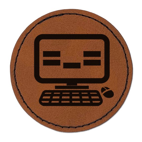 Tired Kawaii Computer Face Emoticon 2.5" Faux Leather Round Engraved Iron-On Patch - Brown