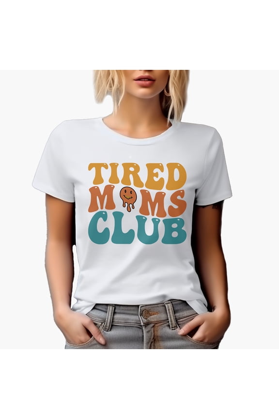 Tired Moms Club, Group Name for Weary Moms or Mothers, Groovy Retro Wavy Text Merch Gift, White T-Shirt, Large