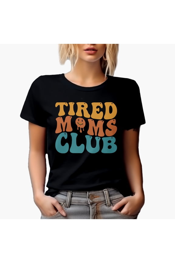 Tired Moms Club, Group of Weary Moms or Mothers, Groovy Retro Wavy Text Merch Gift, Black T-Shirt, Small