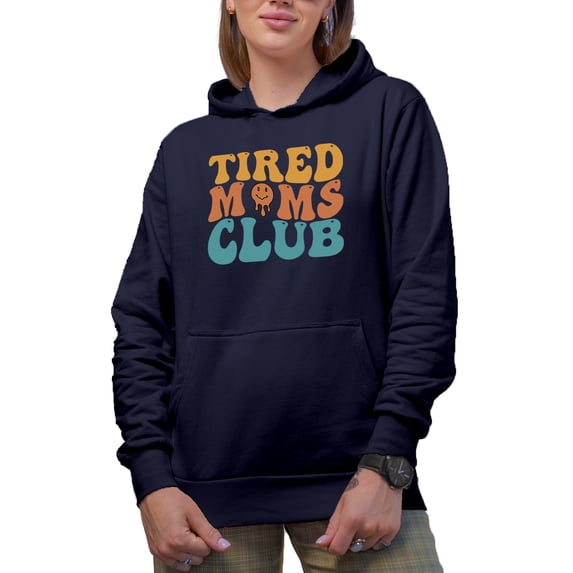 Tired Moms Club, Group of Weary Moms or Mothers, Groovy Retro Wavy Text Merch Gift, Navy Blue Hooded Sweatshirt or Hoodie, Medium