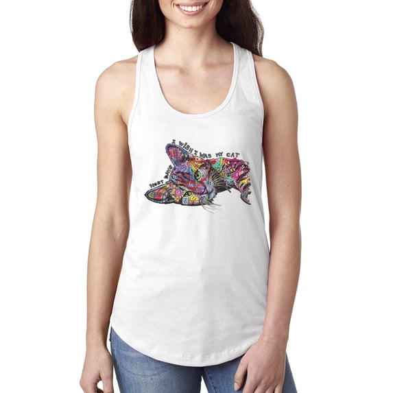 Tired Sleeping Cat | I Wish I Was My Cat Funny Colorful Kitty | Dean Russo Art Animal Lover Ladies Racerback Tank Top, White, Medium