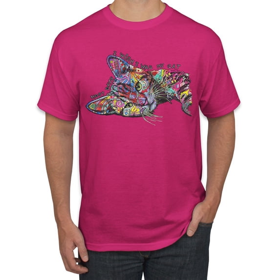 Tired Sleeping Cat | I Wish I Was My Cat Funny Colorful Kitty | Dean Russo Art Animal Lover Men's T-Shirt, Fuschia, Large