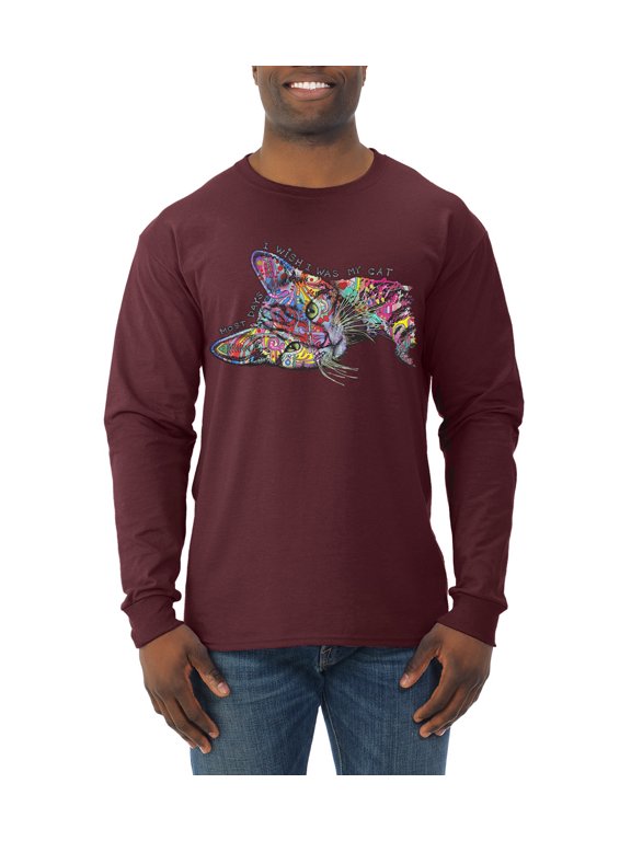 Tired Sleeping Cat | I Wish I Was My Cat Funny Colorful Kitty | Dean Russo Art Animal Lover Mens Long Sleeve Shirt, Maroon, Medium