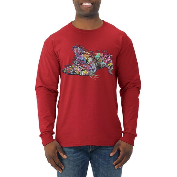 Tired Sleeping Cat | I Wish I Was My Cat Funny Colorful Kitty | Dean Russo Art Animal Lover Mens Long Sleeve Shirt, Red, XX-Large