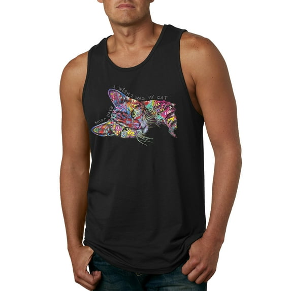 Tired Sleeping Cat | I Wish I Was My Cat Funny Colorful Kitty | Dean Russo Art Animal Lover Mens Tank Top, Black, Large