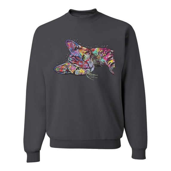 Tired Sleeping Cat | I Wish I Was My Cat Funny Colorful Kitty | Dean Russo Art Animal Lover Unisex Crewneck Sweatshirt, Charcoal, Small