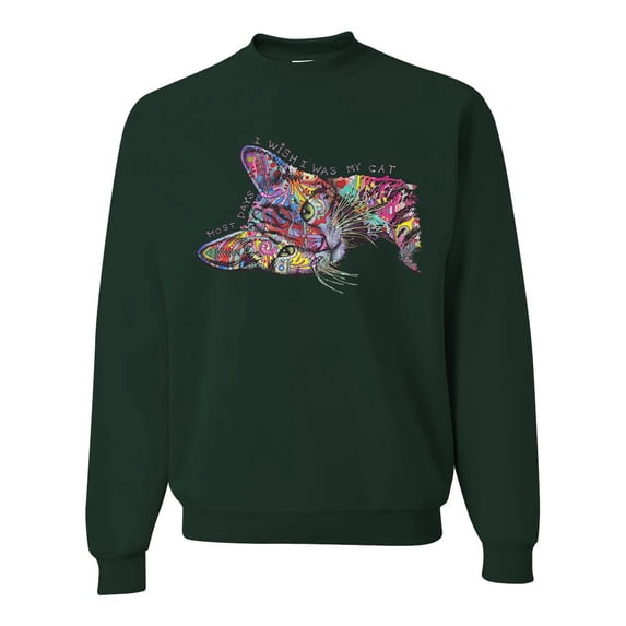 Tired Sleeping Cat | I Wish I Was My Cat Funny Colorful Kitty | Dean Russo Art Animal Lover Unisex Crewneck Sweatshirt, Forest Green, Medium