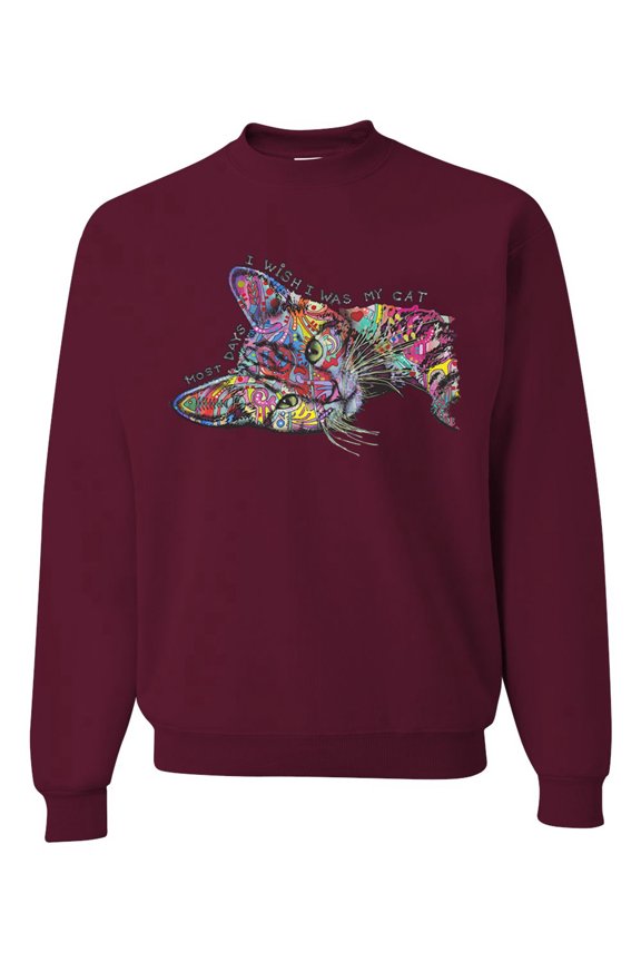 Tired Sleeping Cat | I Wish I Was My Cat Funny Colorful Kitty | Dean Russo Art Animal Lover Unisex Crewneck Sweatshirt, Maroon, Medium
