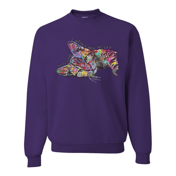 Tired Sleeping Cat | I Wish I Was My Cat Funny Colorful Kitty | Dean Russo Art Animal Lover Unisex Crewneck Sweatshirt, Purple, X-Large
